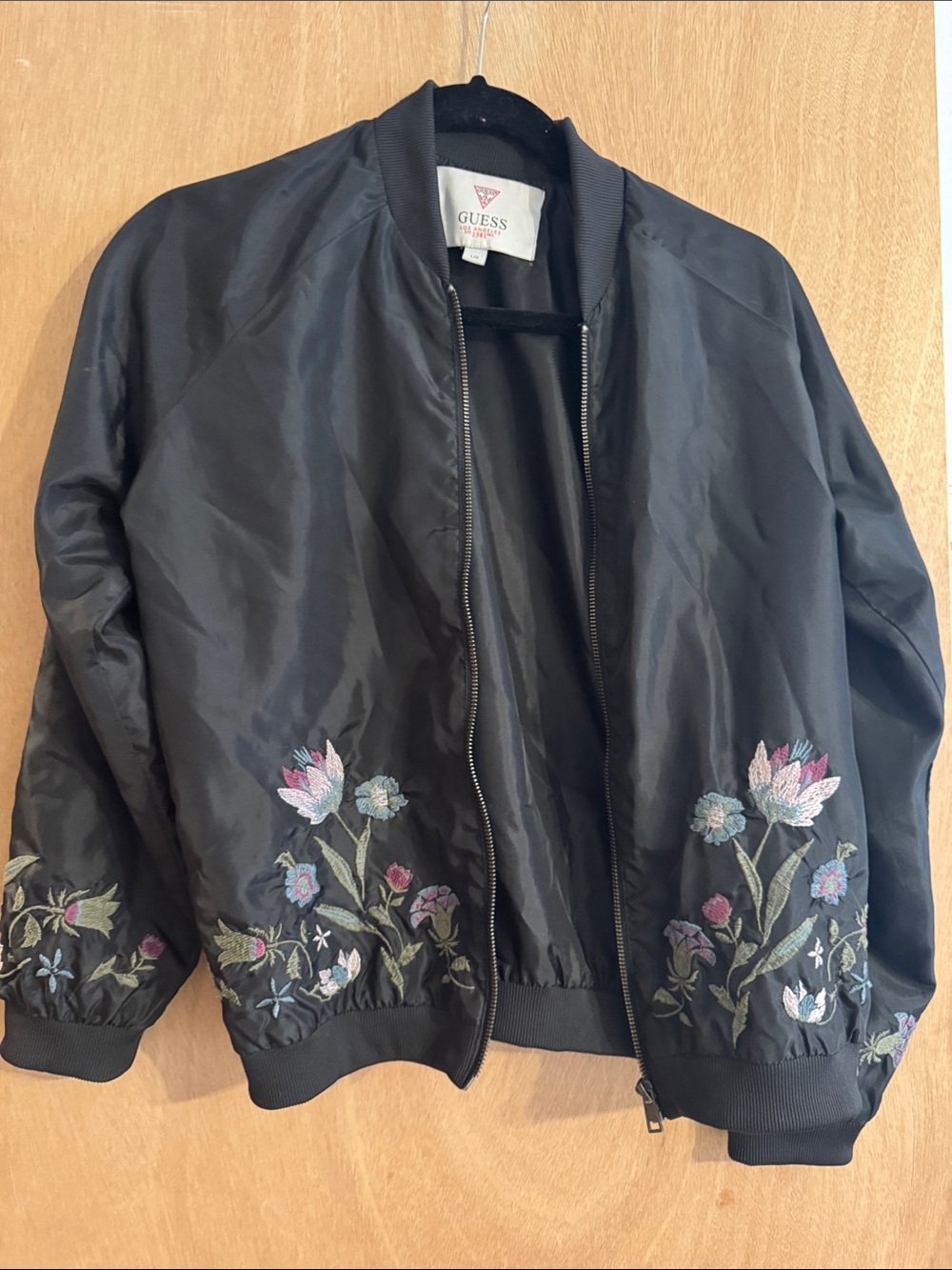 GUESS Black Bomber Jacket with Floral Embroidery